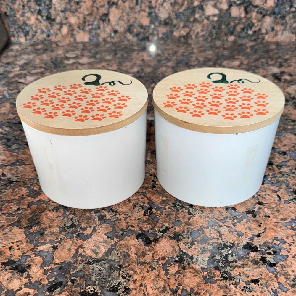 2 White Glass jars Wooden Pumpkin Lids Paw Prints crafting storage fall decor